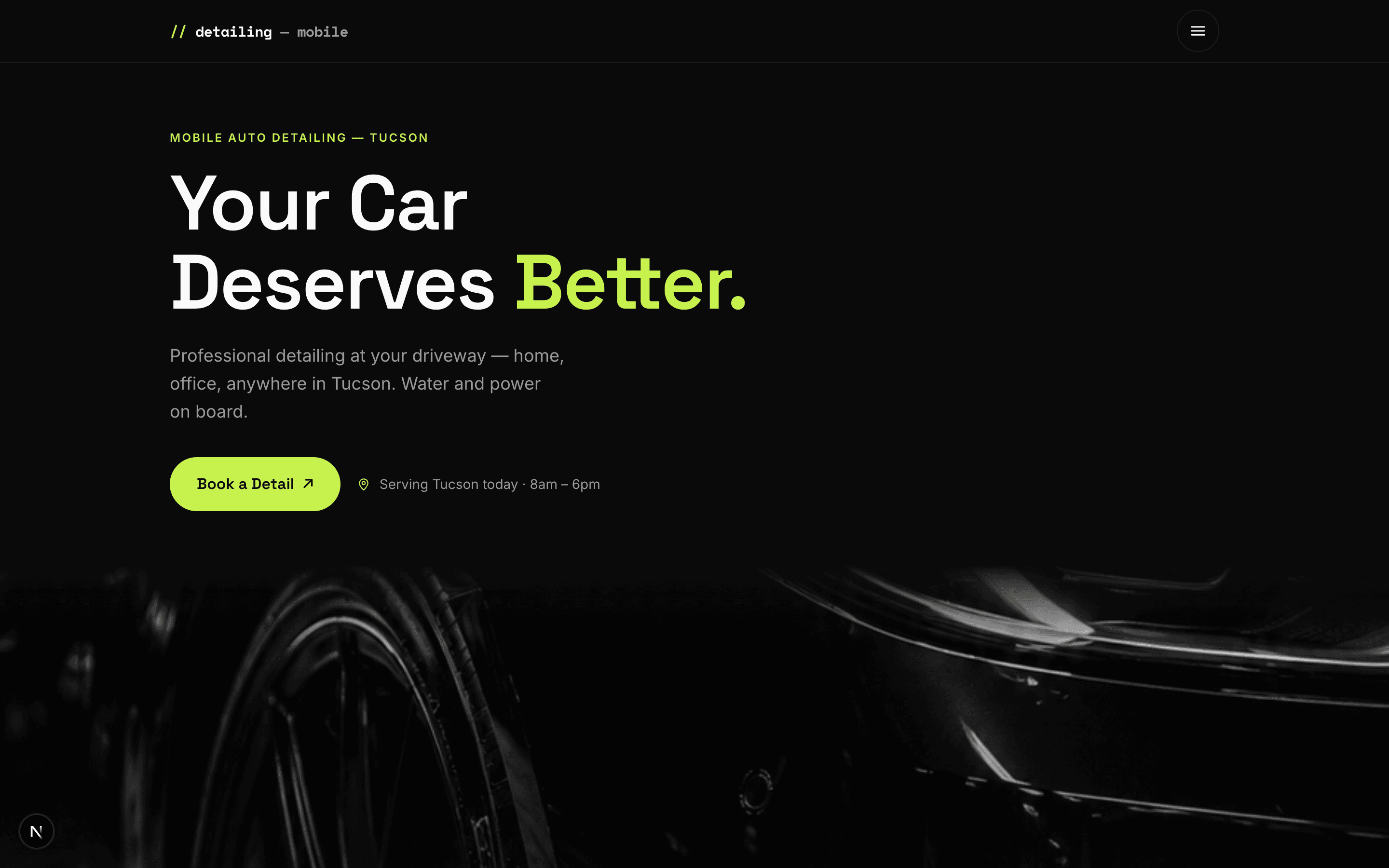 Detailing Mobile — bold dark site with lime accent for a Tucson mobile detailer