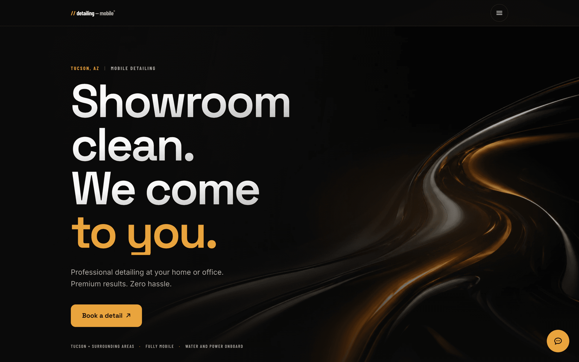 Detailing Mobile — near-black site with a sodium-amber accent and a molten hero for a Tucson mobile detailer