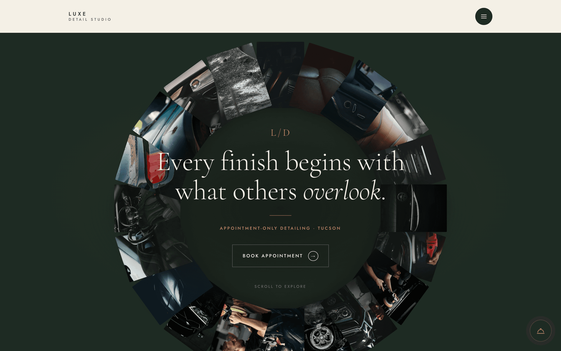 Luxe Detail Studio — deep green site, twenty photographs of detailing work curled into a ring around a serif headline
