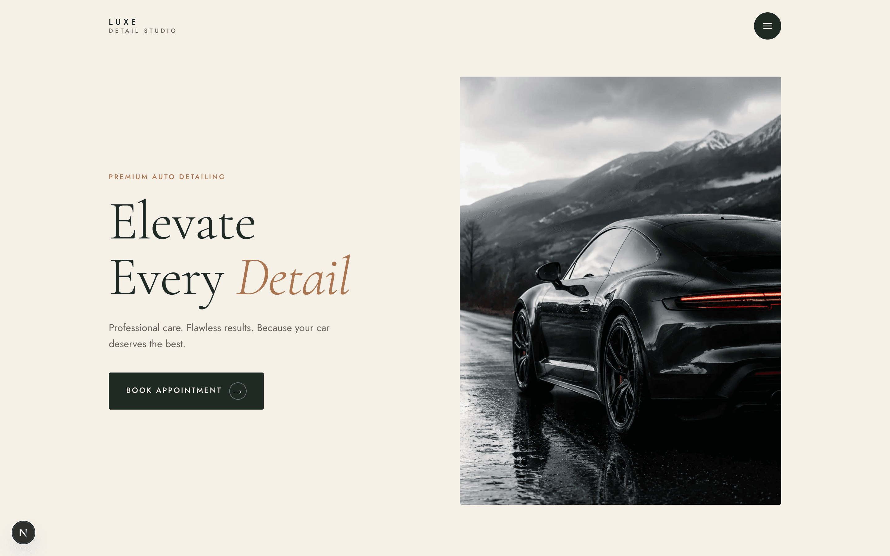 Luxe Detail Studio — ivory editorial site with serif headline and premium car photography